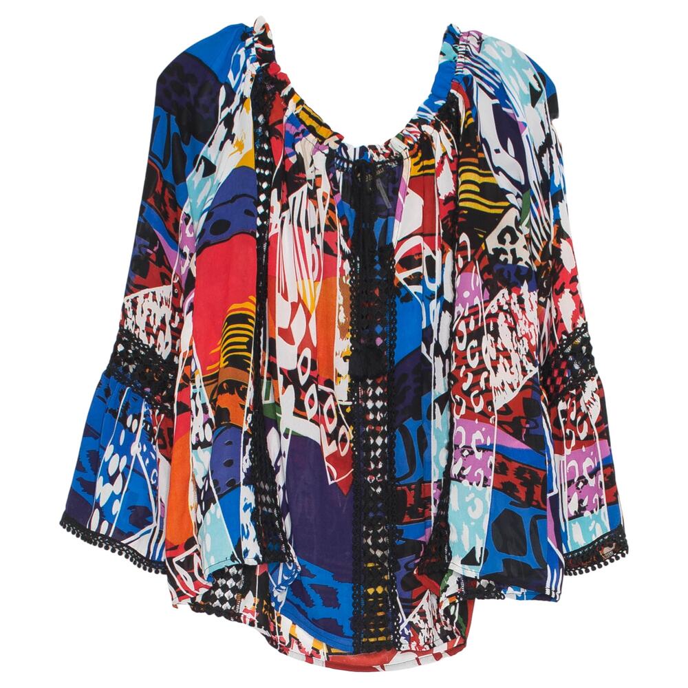 Abstract Sheer Boho Art To Wear Flowy Colorful Bell Sleeve Top Alberto Makali XL